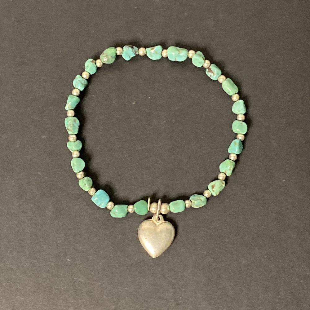 Vtg Turquoise & Sterling Silver Bead Stretch Bracelet W/ 925 Italy Heart Charm